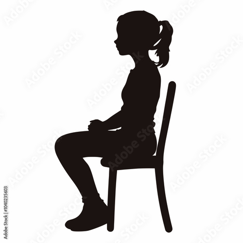 Vector art of a silhouette of a girl sitting on a chair with hands together, three quarters view
