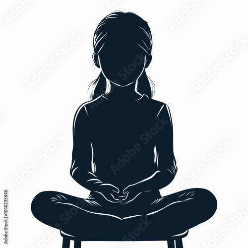 Vector art of a silhouette of a girl sitting on a chair with hands together, three quarters view