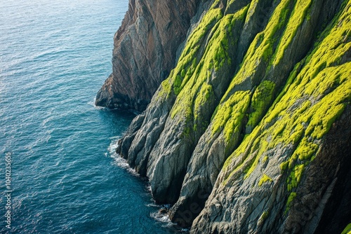 Steep cliffs covered in bright green moss drop into the crashing blue ocean waves below, showcasing nature's raw beauty and the contrast between land and sea. photo