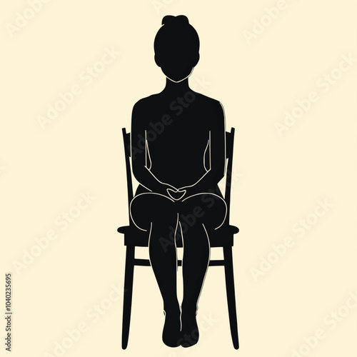 Vector art of a silhouette of a girl sitting on a chair with hands together, three quarters view