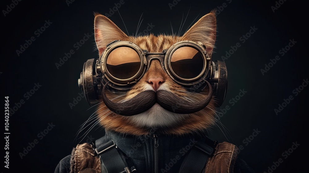 November cat with mustache prop concept. A stylish cat wearing goggles and a mustache exuding a quirky and adventurous vibe in a dimly lit background November cat with mustache prop concept. A stylish cat wearing goggles and a mustache exuding a quirky and adventurous vibe in a dimly lit background
