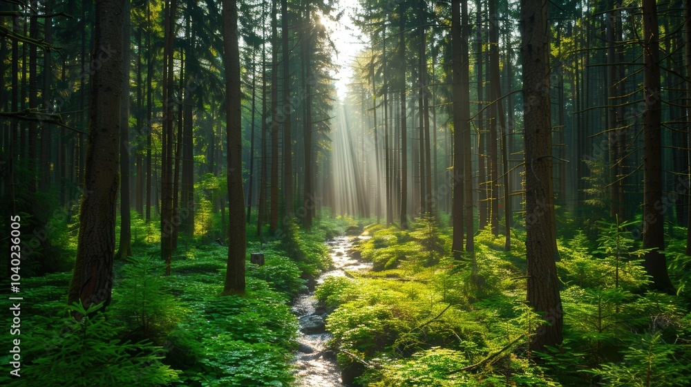 Obraz premium Sunlit Woodland Splendor, a dense forest where golden rays pierce through the canopy, illuminating vibrant greens and creating a breathtaking interplay of light and shadow.
