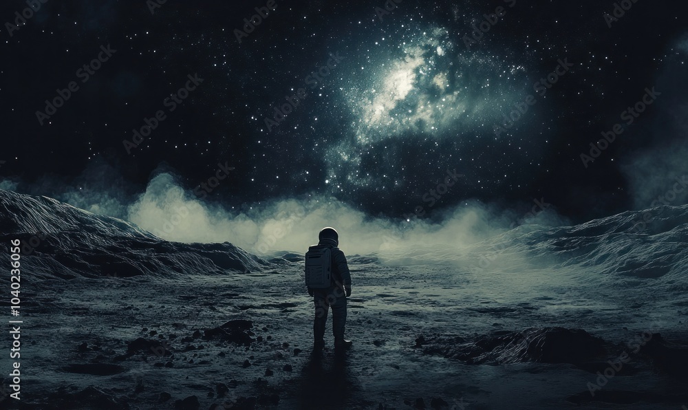 Astronaut Exploring Alien Planet Under Starry Sky Astronaut Exploring Alien Planet Under Starry Sky
