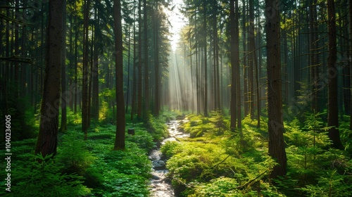 Sunlit Woodland Splendor, a dense forest where golden rays pierce through the canopy, illuminating vibrant greens and creating a breathtaking interplay of light and shadow.