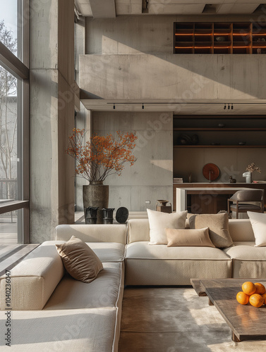 A spacious living area filled with natural light, highlighting neutral-toned sofas, a centerpiece table, and decorative accents, embodying minimalist luxury.