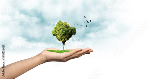 Earth day and environment day concept 3d tree background. Ecology concept. Design with globe map drawing and leaves isolated on white background. 