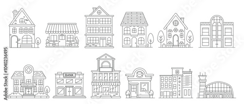 Set of Various home and public building outline doodle illustration