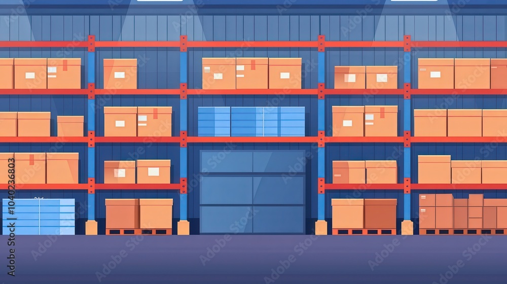 Warehouse Distribution Hub, vibrant flat design showcasing packed goods in organized shelves, bustling activity emphasizing efficiency and logistics in a modern setting Warehouse Distribution Hub, vibrant flat design showcasing packed goods in organized shelves, bustling activity emphasizing efficiency and logistics in a modern setting