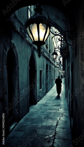 A lone figure walks down a dimly lit alleyway, the streetlamps casting long shadows on the cobblestones.