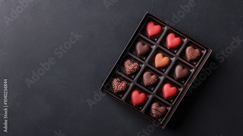 A box of heart-shaped chocolates arranged beautifully, showcasing a variety of flavors and colors on a dark textured background.