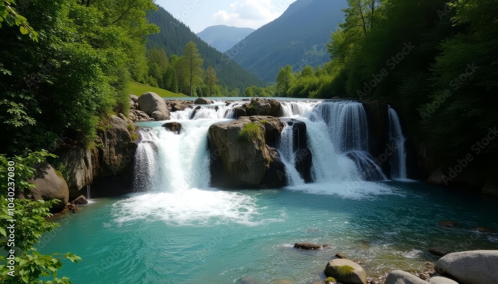 Fototapeta premium Natures grandeur A waterfall cascading into a serene blue lagoon