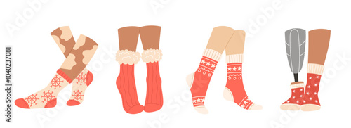Diverse Legs in Christmas Socks with Vitiligo, African, European Skin and Prosthetic