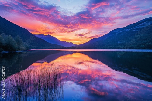 A dramatic sunset with striking purple hues over a mountain valley, reflecting on a tranquil lake, creating an intense and emotionally stirring landscape scene. photo