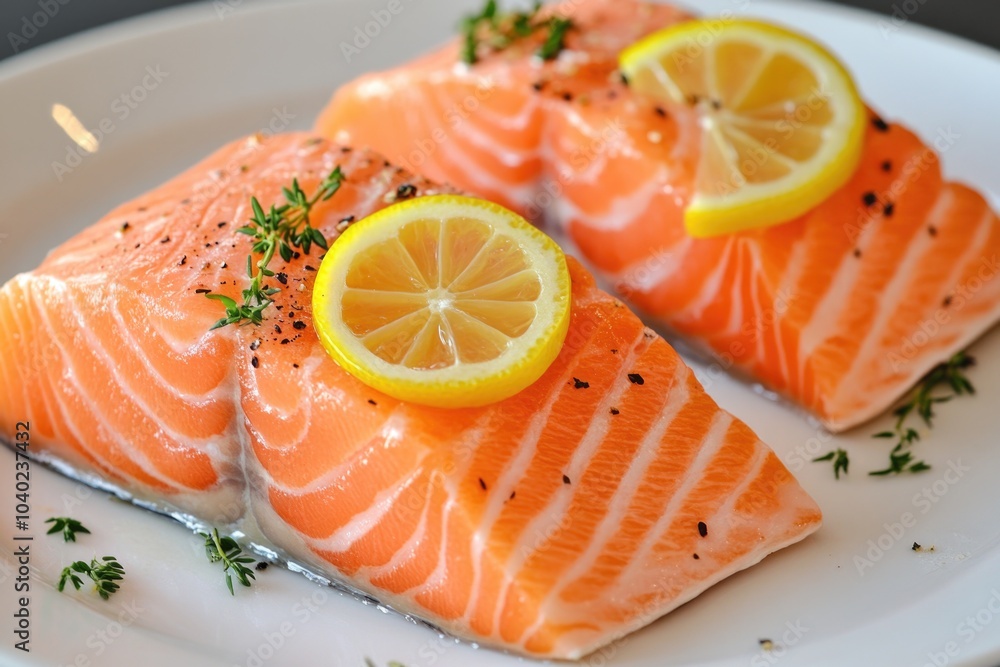 Fresh salmon fillet served with sliced lemons and a hint of citrus flavor Fresh salmon fillet served with sliced lemons and a hint of citrus flavor