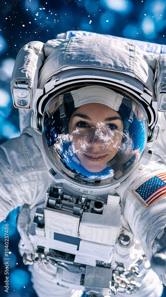 Astronaut floating outside a spacecraft, with the vast galaxy behind, stock photo style Astronaut floating outside a spacecraft, with the vast galaxy behind, stock photo style