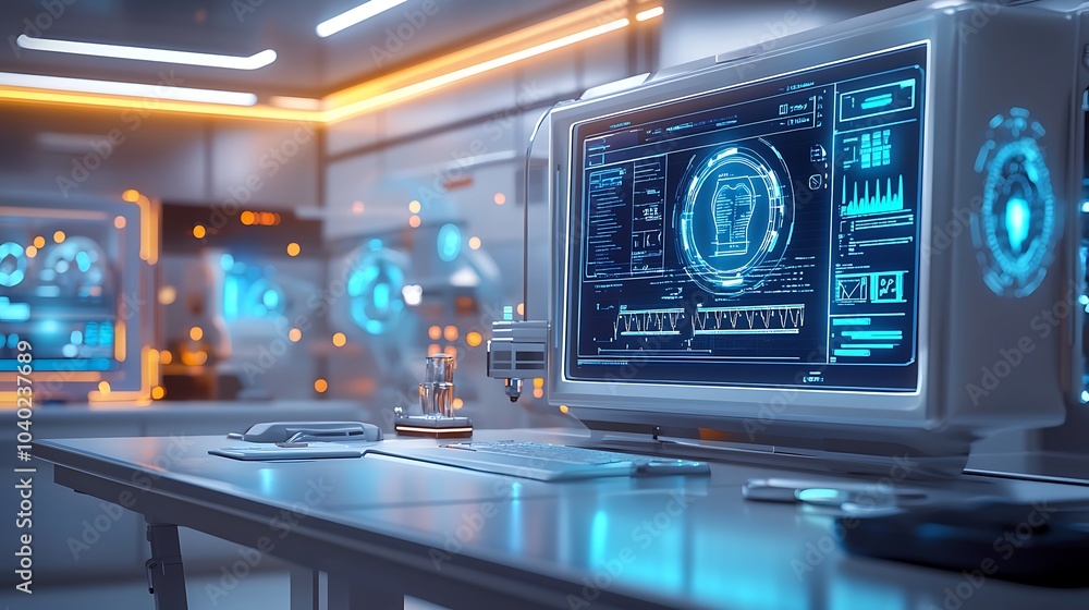 A futuristic medical workstation displaying health records being accessed with a fingerprint scan, holographic biometric data and patient details, clean hospital room with bright ambient lighting, A futuristic medical workstation displaying health records being accessed with a fingerprint scan, holographic biometric data and patient details, clean hospital room with bright ambient lighting,