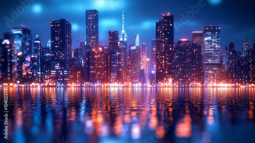 Glowing skyscrapers light up the night sky, casting reflections on calm waters in the bustling city