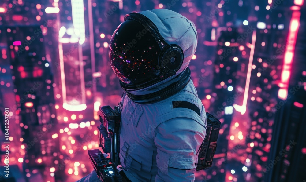 Astronaut Overlooks Futuristic Cityscape at Night Astronaut Overlooks Futuristic Cityscape at Night