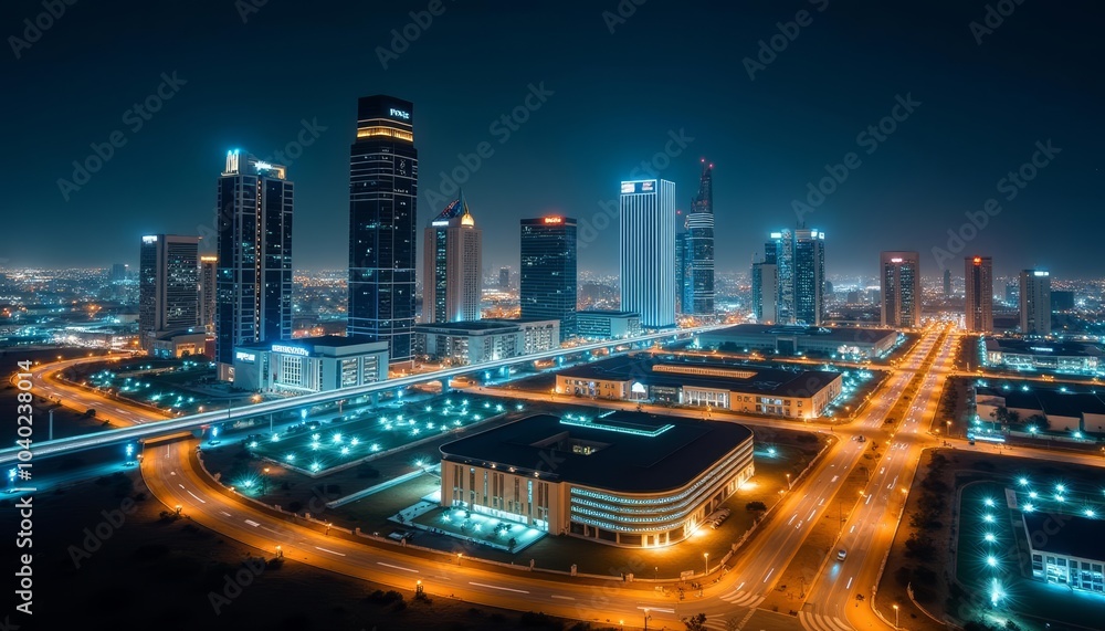 Obraz premium Bright cityscape at night illuminated by lights and neon