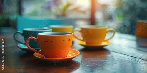 Close-up shot of three cups on a table with a simple background photo