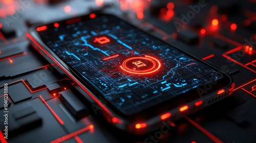 Futuristic smartphone displaying network connections with glowing red accents