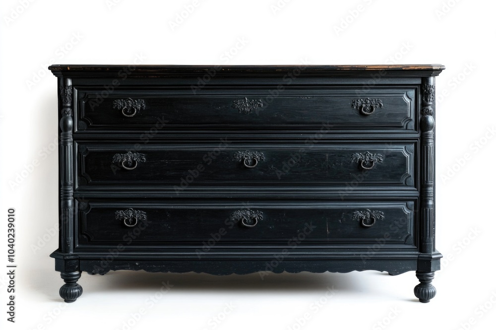 A black chest of drawers standing against a white background A black chest of drawers standing against a white background