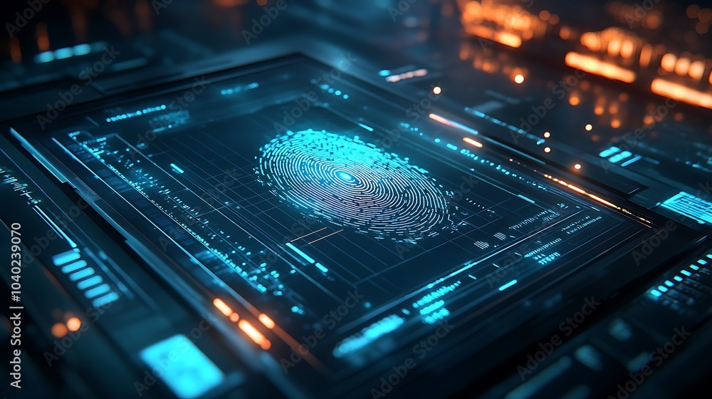 A futuristic touchscreen displaying a fingerprint signature, glowing holographic interface with biometric confirmation, dark environment illuminated by soft blue lighting, sleek technology design, A futuristic touchscreen displaying a fingerprint signature, glowing holographic interface with biometric confirmation, dark environment illuminated by soft blue lighting, sleek technology design,