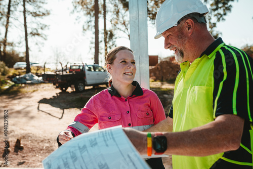 Apprentice builder laughing with  tradesman while looking at the blueprint on worksite