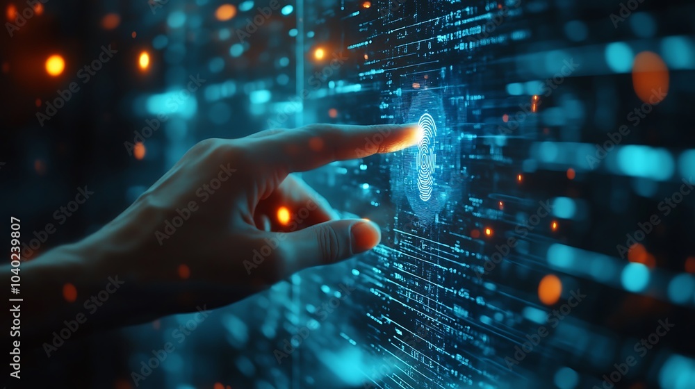 A hand pressing a fingerprint scanner on a sleek glass screen, holographic data projections appearing, dark room illuminated by soft ambient blue light, high-tech security aesthetic,