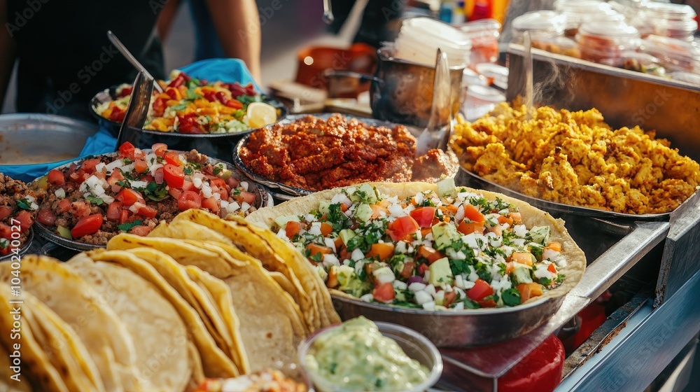 Obraz premium Top view of gourmet food from a street festival, including tacos and falafel, with a clear area for copy