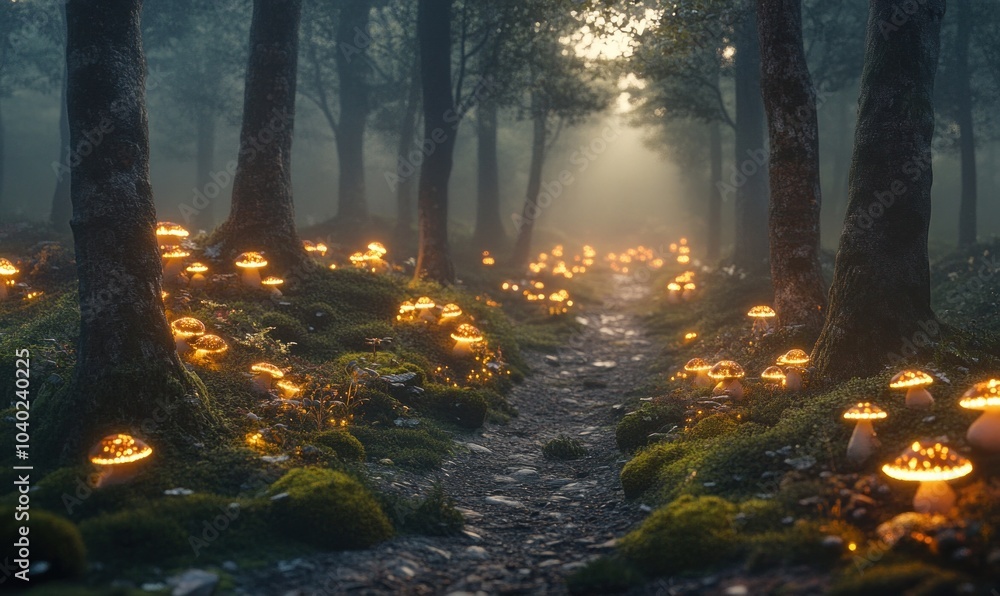 Fototapeta premium Enchanted Forest Path with Glowing Mushrooms