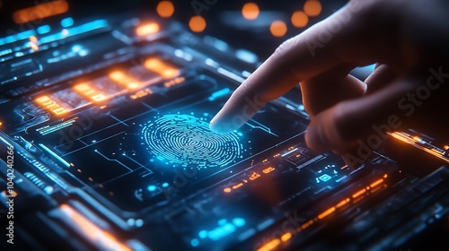 A hand scanning a fingerprint on a futuristic payment device, holographic interface showing payment success, neon accents and glowing blue lights, sleek technology design, dimly lit background,