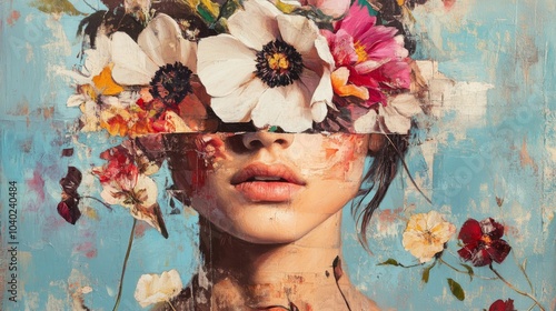 Abstract contemporary art collage portrait of young woman with flowers on face hides her eyes, oil painting 
