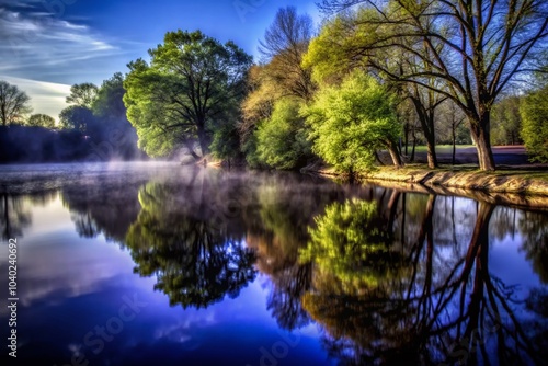 Serene Spring Fog Over Kalamazoo River Shoreline in Michigan