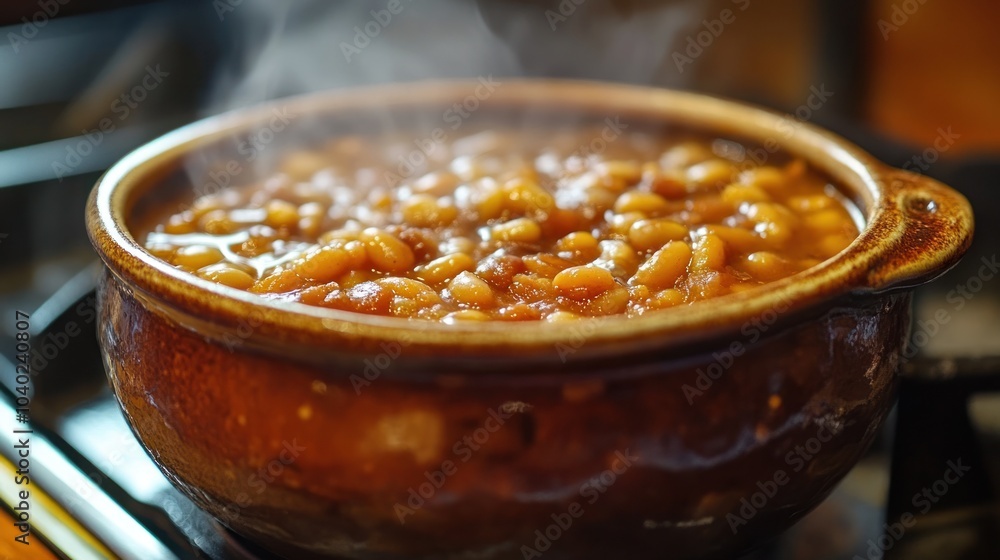 Steaming Baked Beans in Brown Pot