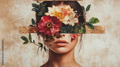 Abstract contemporary art collage portrait of young woman with flowers on face hides her eyes, oil painting 