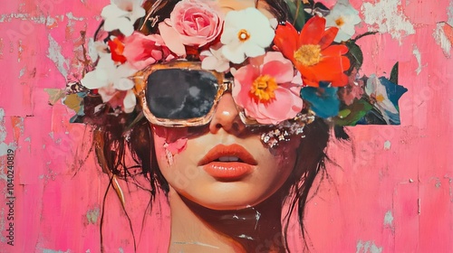 Abstract contemporary art collage portrait of young woman with flowers on face hides her eyes, oil painting 