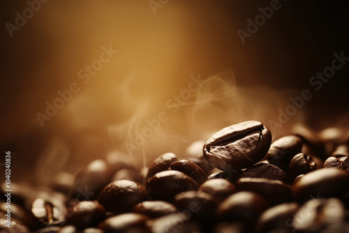 roasted coffee beans with steam close up macro shot