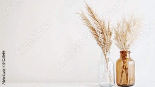 Stylish dried grass in glass vases on minimalistic background