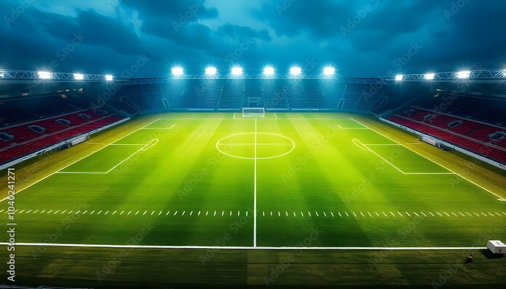 A football field with stadium lights shining on it A football field with stadium lights shining on it