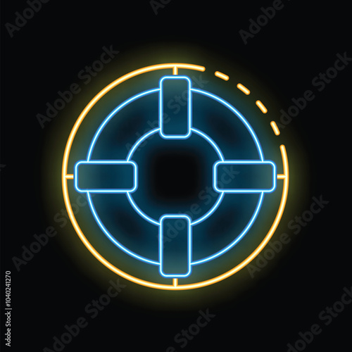 Glowing neon line lifebuoy on target icon isolated on black background. Lifeguard equipment