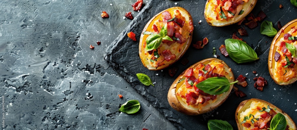 A appetizing display of bacon and basil topped baked potatoes on a gray tabletop in a flat lay composition with room for text in the image. Copy space image. Place for adding text and design A appetizing display of bacon and basil topped baked potatoes on a gray tabletop in a flat lay composition with room for text in the image. Copy space image. Place for adding text and design