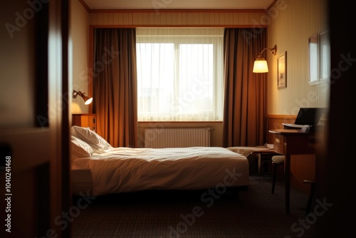 A simple hotel room with a single bed and a desk, ideal for a business trip or vacation