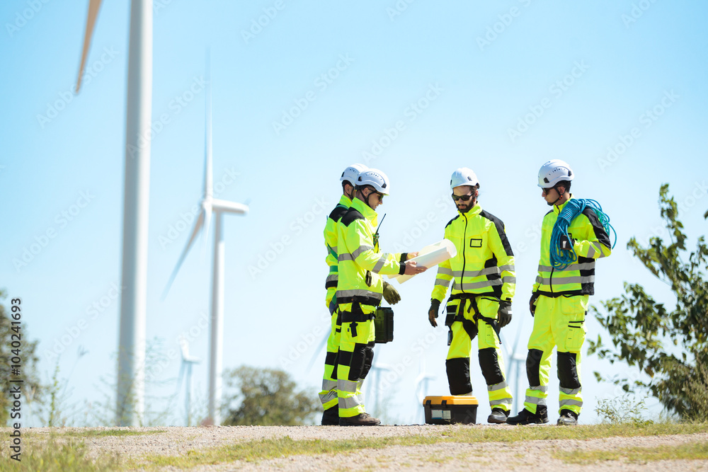 Team of electrical engineer is perform the inspection and maintenance of electric generating windmill turbine. Team of electrical engineer is perform the inspection and maintenance of electric generating windmill turbine.