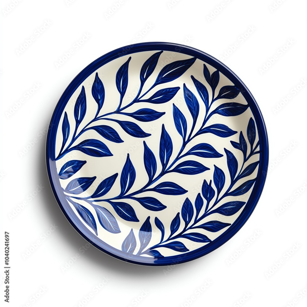 Ceramic plate with blue leaf pattern, ideal for dining and home decor. Ceramic plate with blue leaf pattern, ideal for dining and home decor.