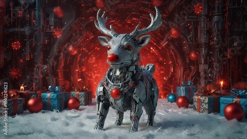 Reindeer toy with red nose Christmas background