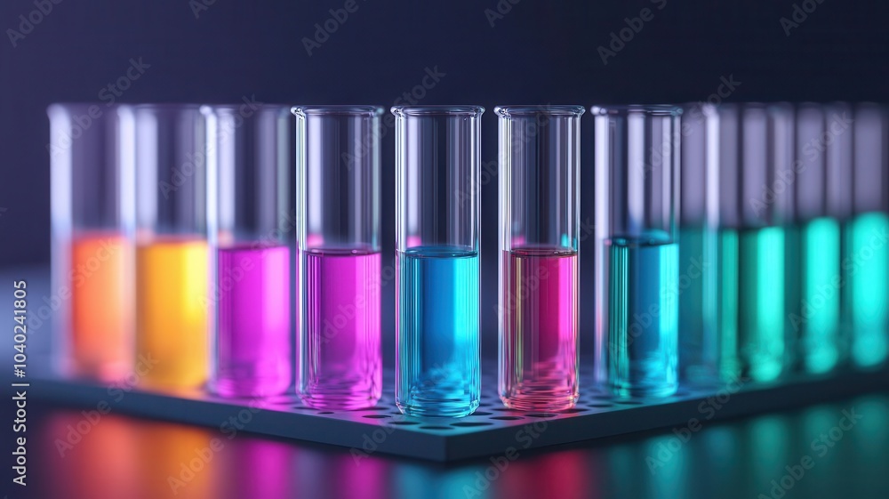 Row of test tubes with vibrant liquids, backlit to emphasize the glowing colors, Test Tubes with Colorful Liquids, Innovative laboratory work Row of test tubes with vibrant liquids, backlit to emphasize the glowing colors, Test Tubes with Colorful Liquids, Innovative laboratory work