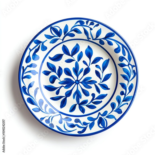 Decorative plate with blue floral design on white background.