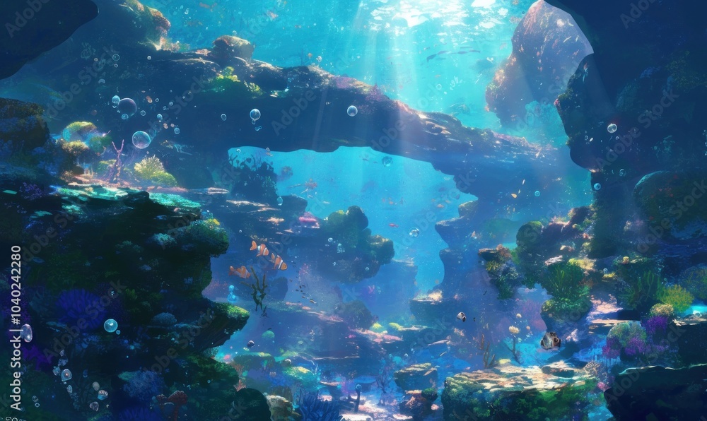 Fototapeta premium Underwater Coral Reef with Sunlight Rays