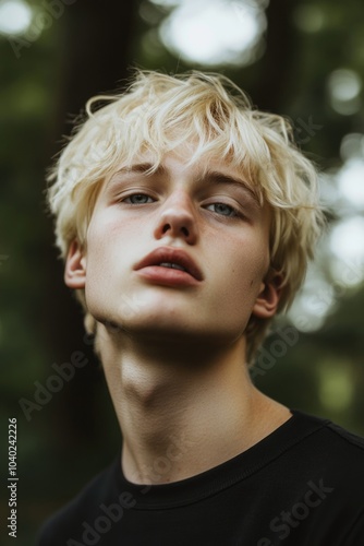 A young man with blonde hair wearing a black shirt, available for various uses including fashion, music, or entertainment